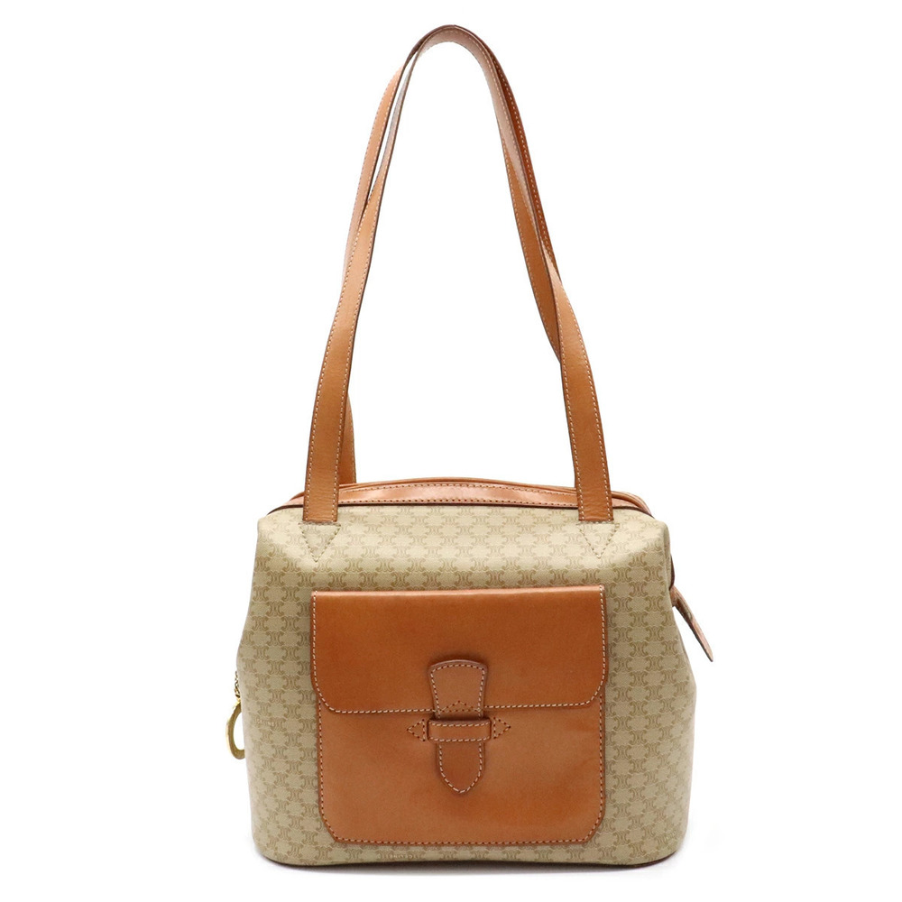 Celine Macadam Tote Bag Shoulder Boston Strap Leather Beige Cream Brown